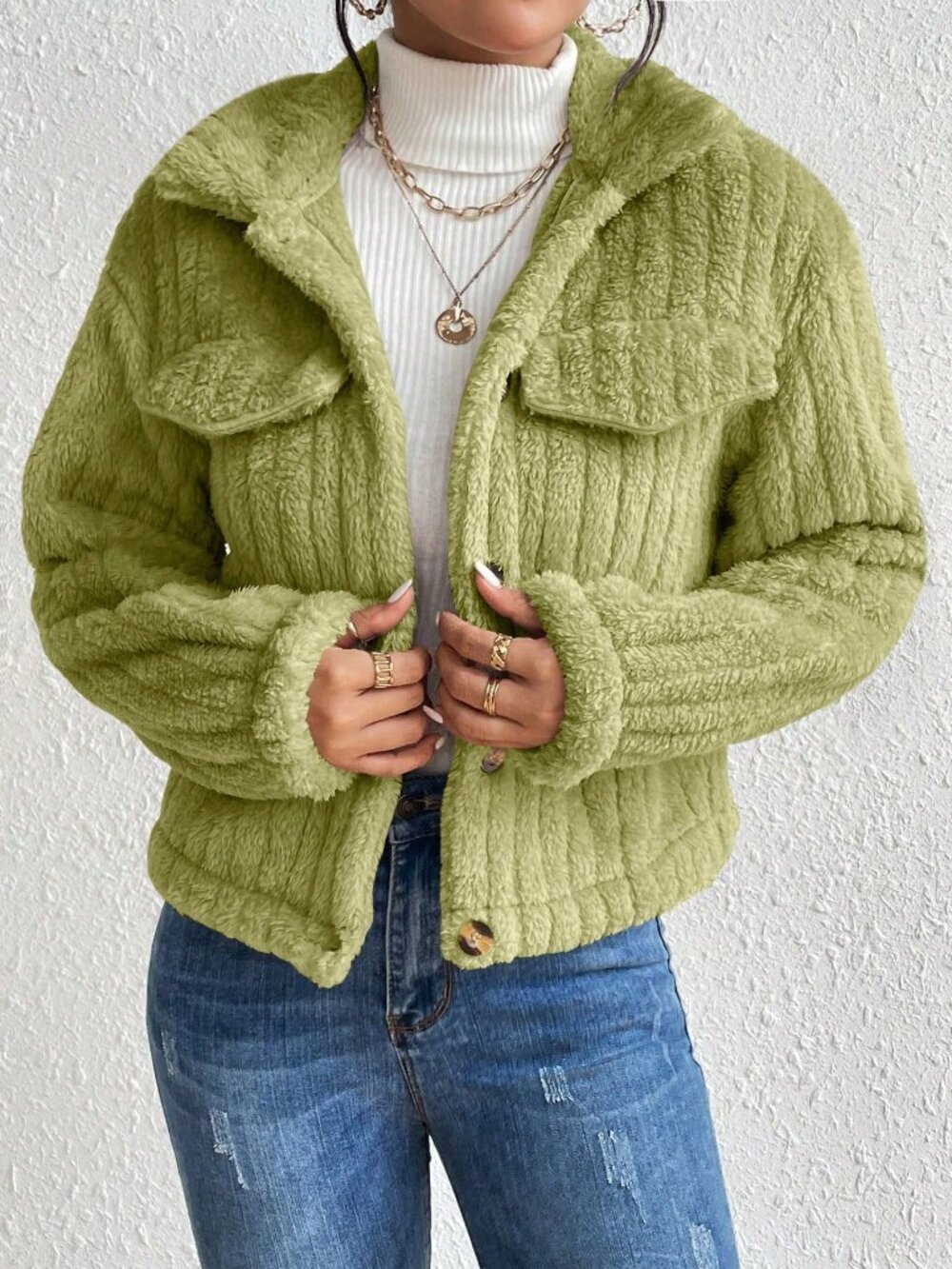 Mint Green Casual Women's Minimalist Fluffy Jacket - Picture 7 of 7